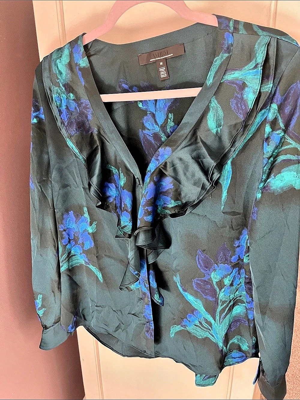 White House Black Market Floral Ruffle Blouse Blue & Green Medium